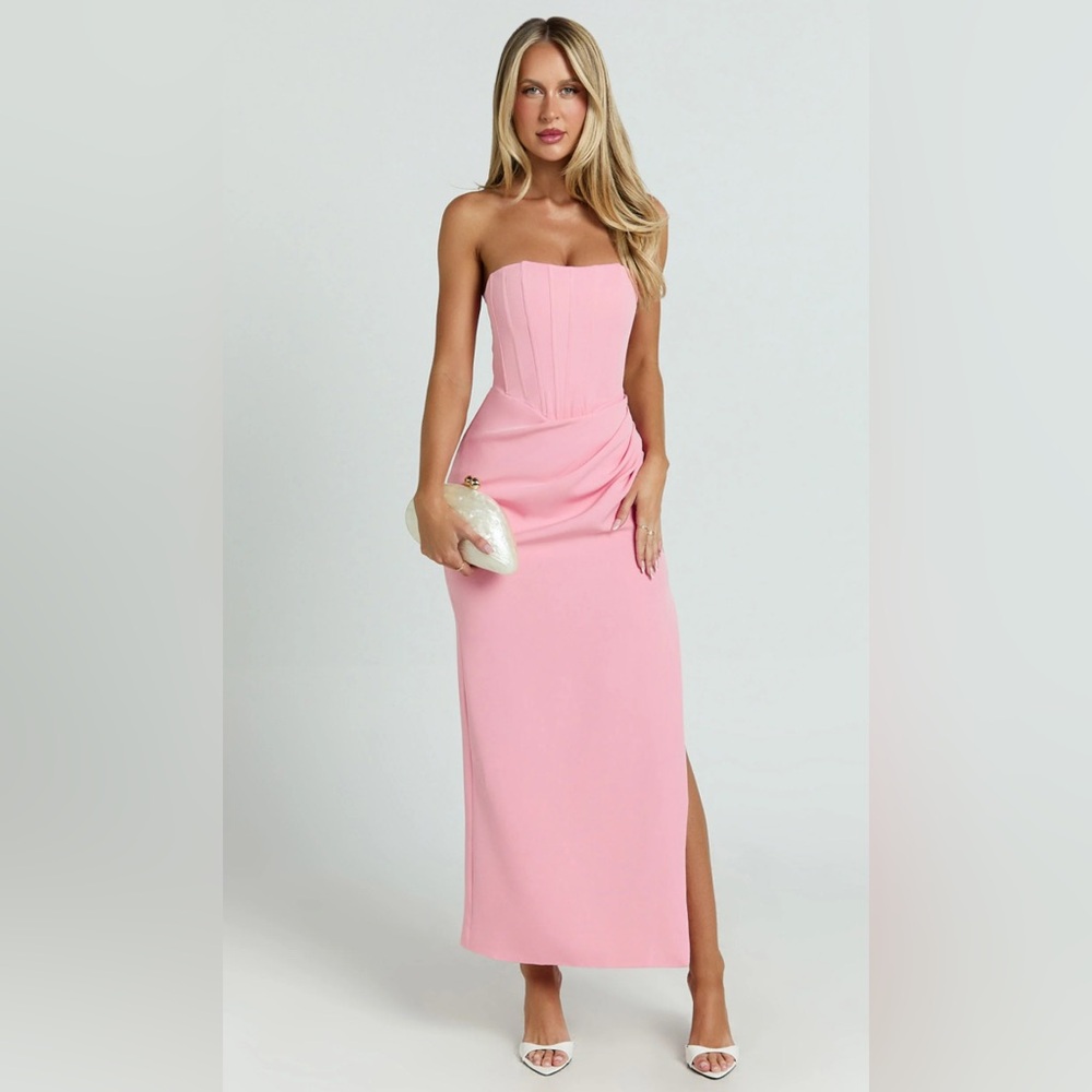 Showpo Avery Midi Dress - Strapless & Draped Side Split in Pink
